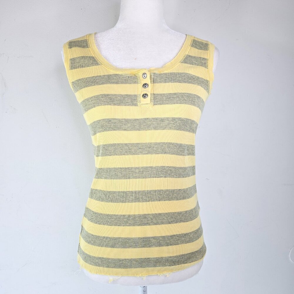 Vintage 90s Y2k Gray Yellow Striped Distressed Hem Ribbed Knit Tank Top